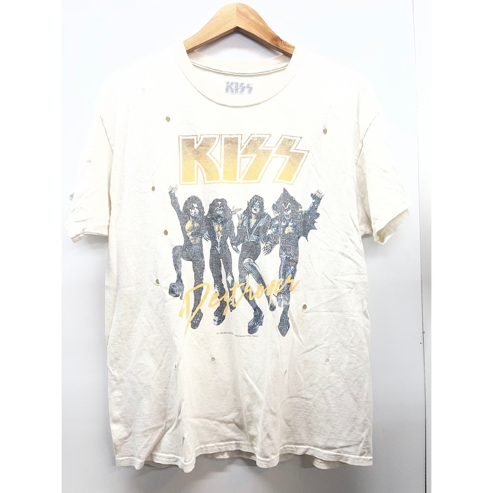 KISS‎ Destroyer Graphic T-Shirt Mens Medium Cream Distressed Rock Band Tee 2020